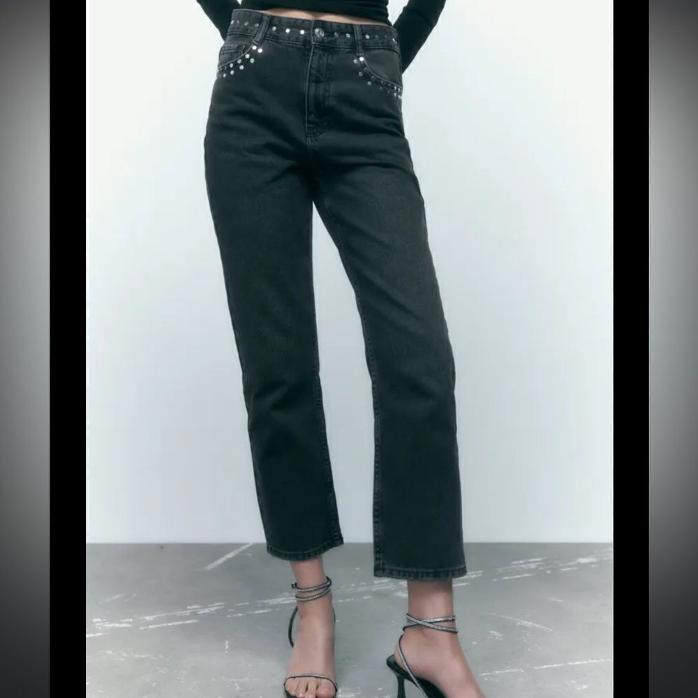 Zara Straight Leg Grey Jeans studded jeans‎ Jean denim pants size 10 high rise